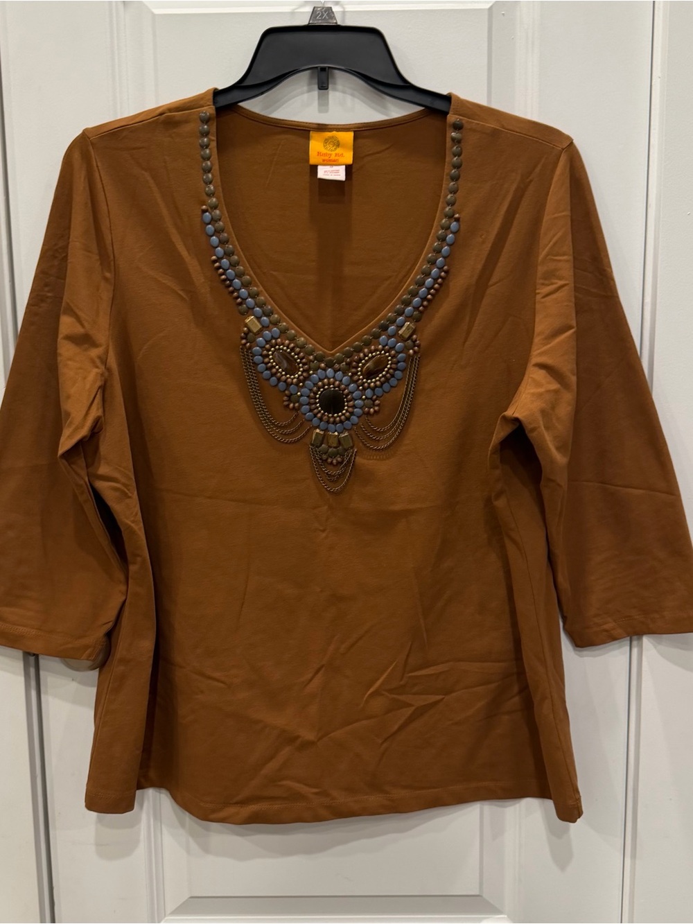 Ruby Rd. Rust Embellished V-Neck Long Sleeve Top - Picture 1 of 4